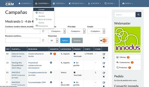 Innodus CRM: listado de ofertas