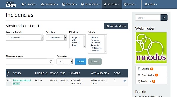 Innodus CRM: listado de ofertas